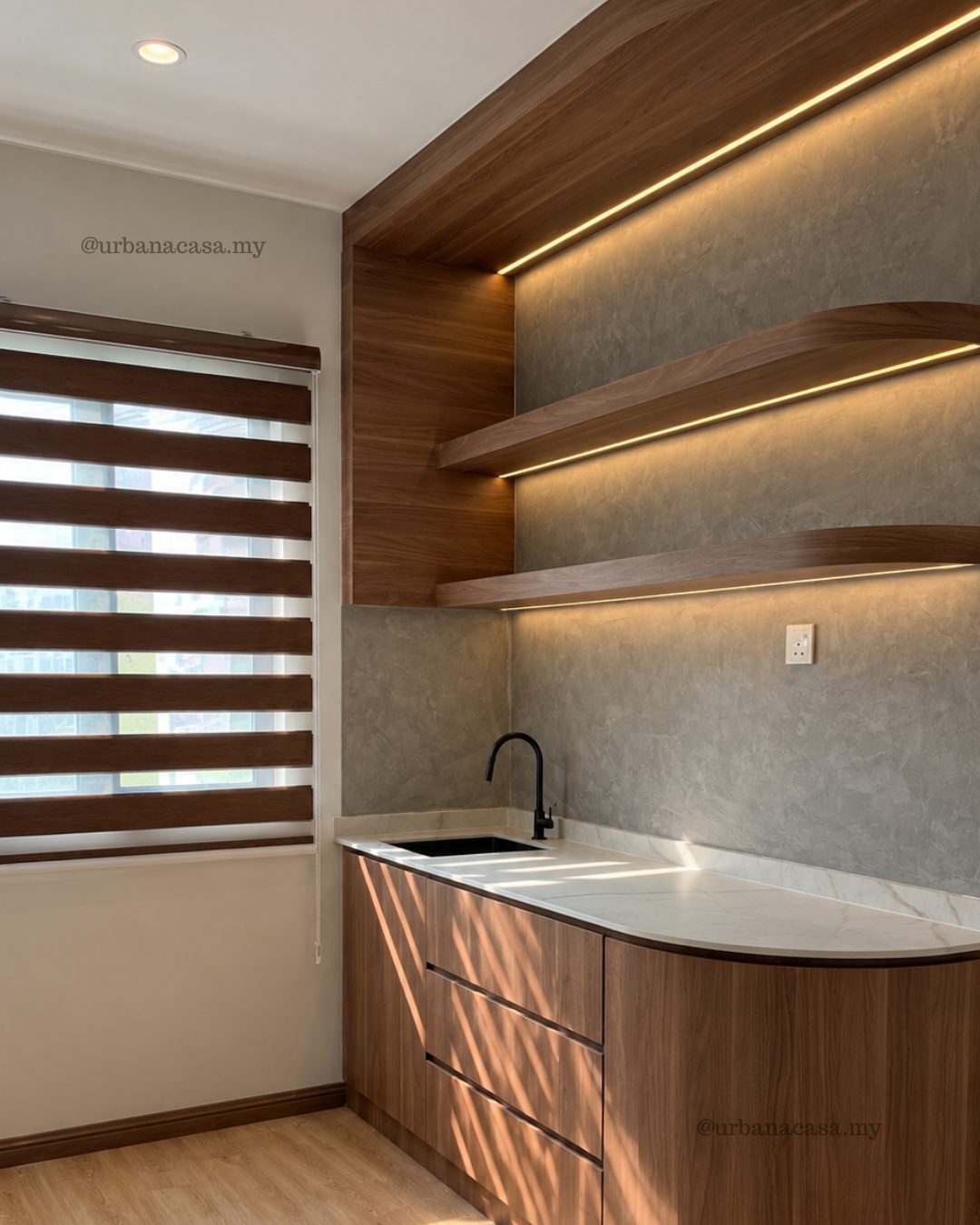Floating timber shelves with hidden LED lighting above the sink